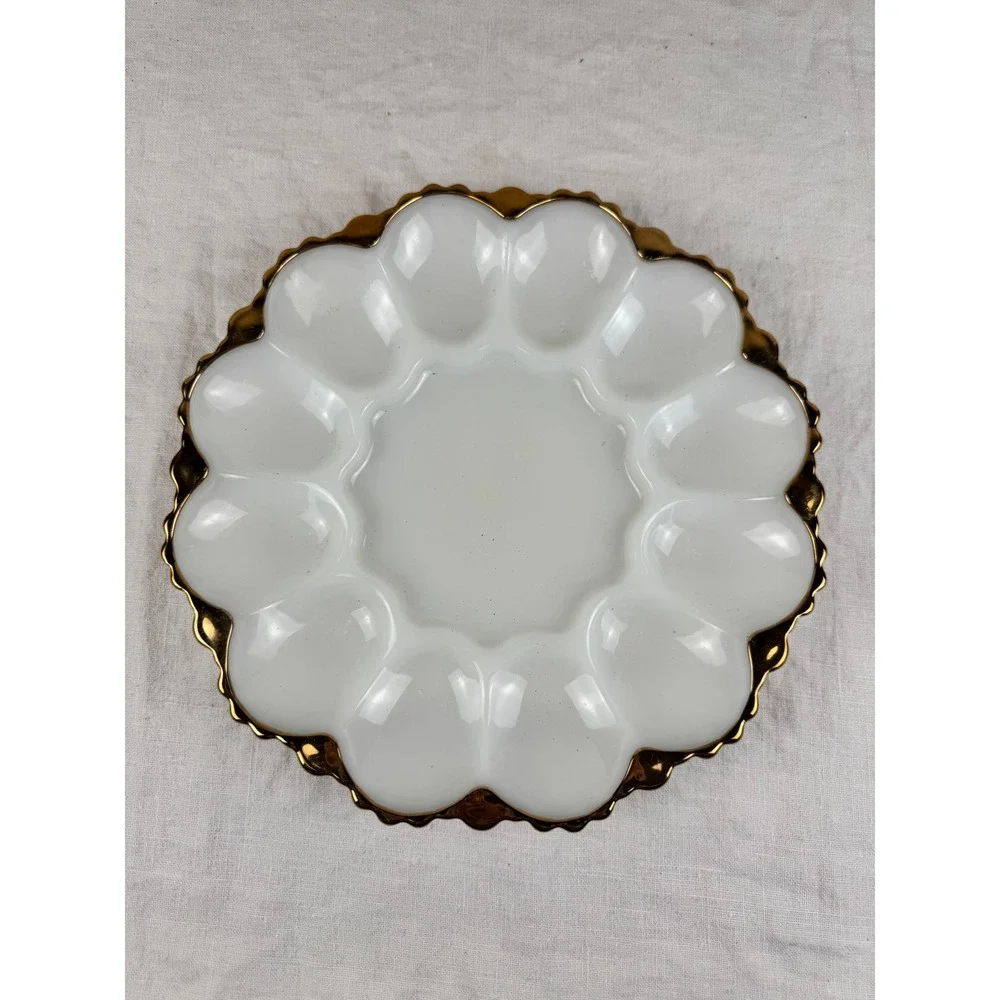 Vintage Milk Glass Deviled Egg Platter Gold Encrusted Scalloped Rim 10 Inch Tray